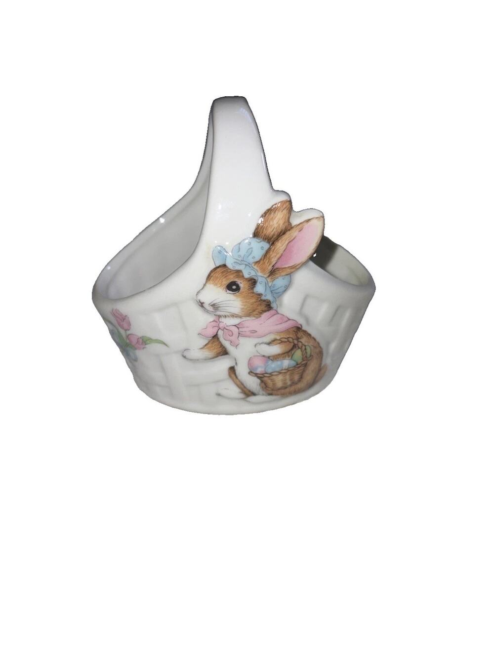 Ceramic Bunny Hanging Basket w/ Handle, Basketweave Oval, Made in Japan
